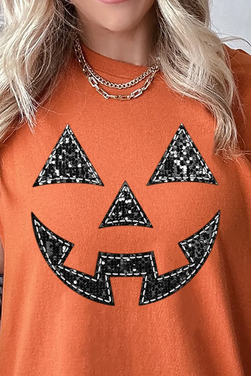 Faux Sequin Pumpkin Face Transfer Short Sleeve Relaxed Fit T-Shirt