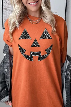 Faux Sequin Pumpkin Face Transfer Short Sleeve Relaxed Fit T-Shirt