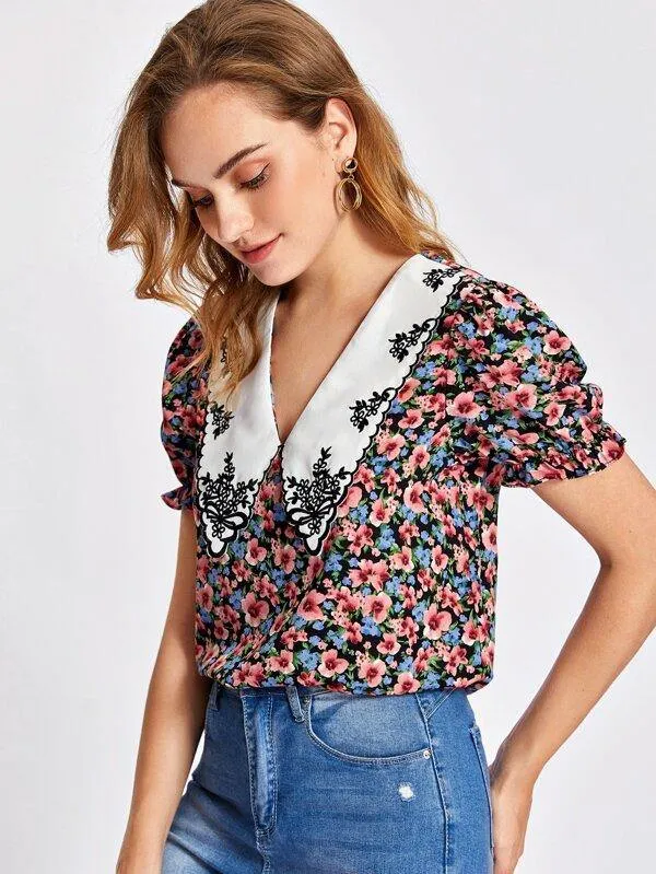 Floral Collar Puff Sleeve Floral Top