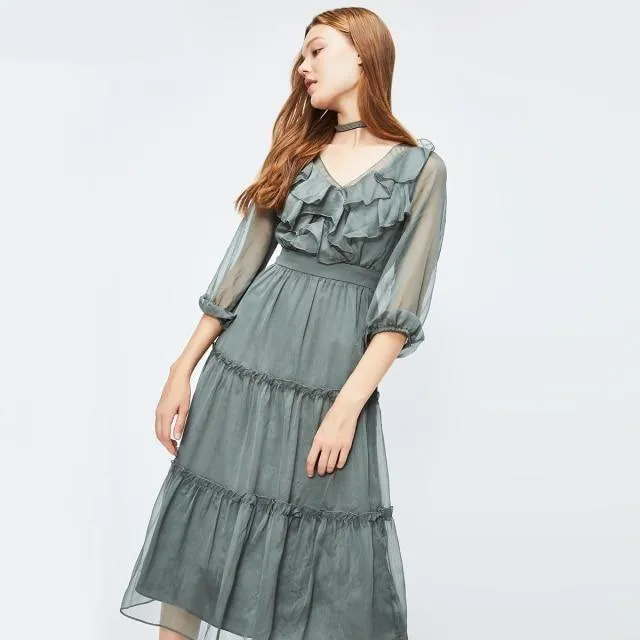 Floral Ruffled Cinched Waist Chiffon Dress