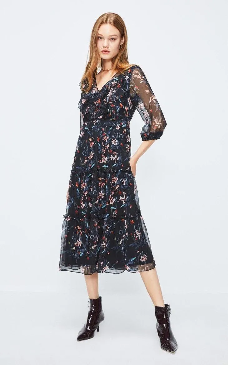 Floral Ruffled Cinched Waist Chiffon Dress