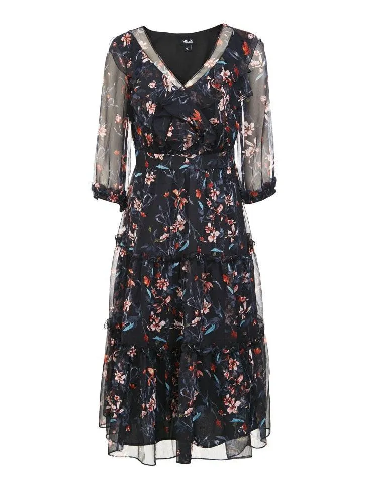 Floral Ruffled Cinched Waist Chiffon Dress