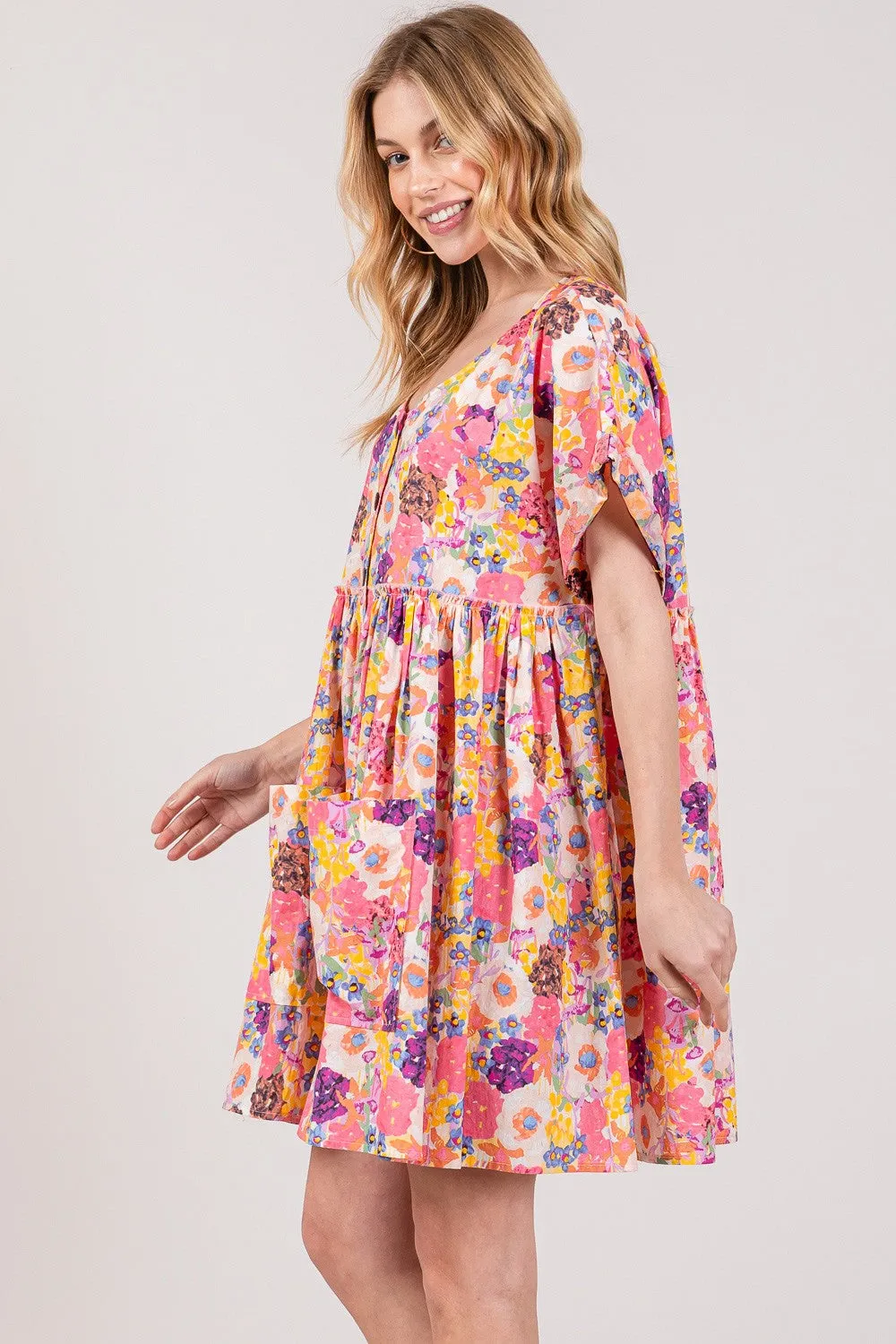 Floral Short Sleeve Babydoll Dress with Pockets