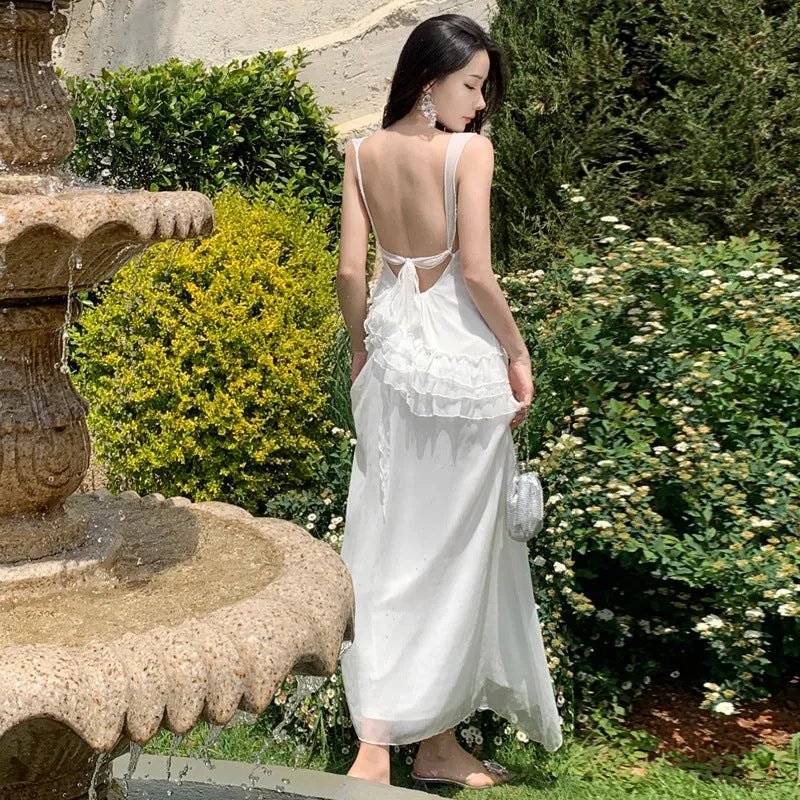 French Summer New Open Back Dress Fairy White Dress 785