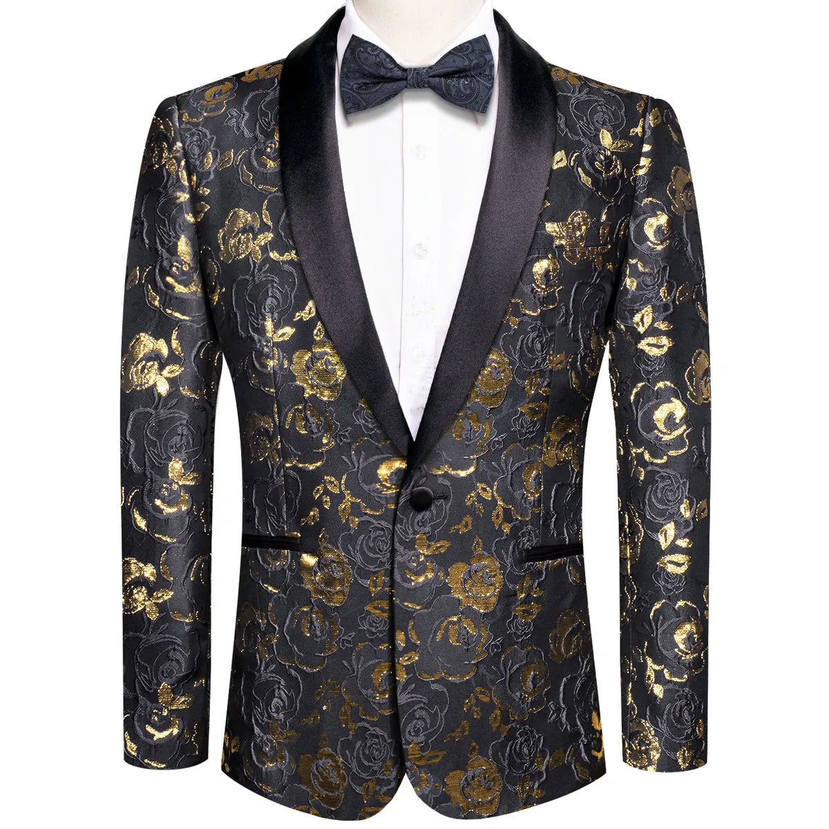 Golden Rose Elegance: Black Floral Jacquard Tuxedo Jacket