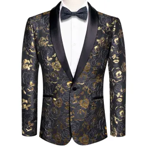 Golden Rose Elegance: Black Floral Jacquard Tuxedo Jacket