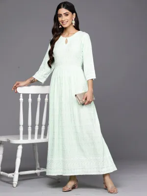 Green Embroidered Rayon Fit and Flare Dress