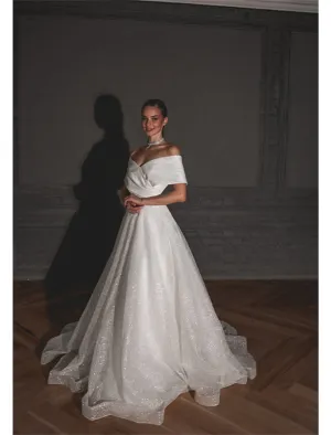 Hall Sparkle & Shine Casual Wedding Dresses A-Line Off Shoulder Cap Sleeve Sweep / Brush Train Sequined Bridal Gowns With Solid Color 2023 Summer Wedding Party