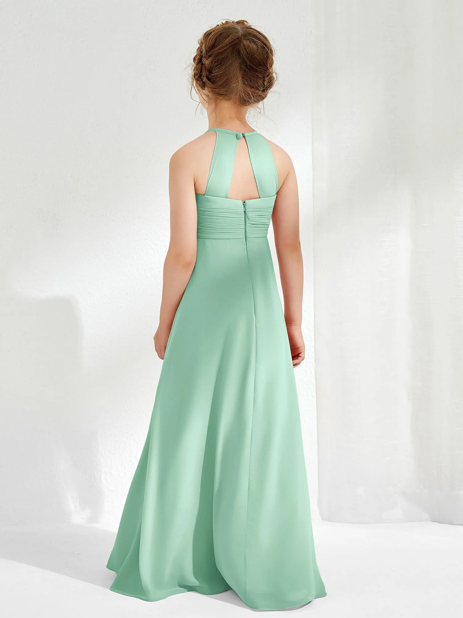 Halter Chiffon Junior Bridesmaid Dresses Mint Green