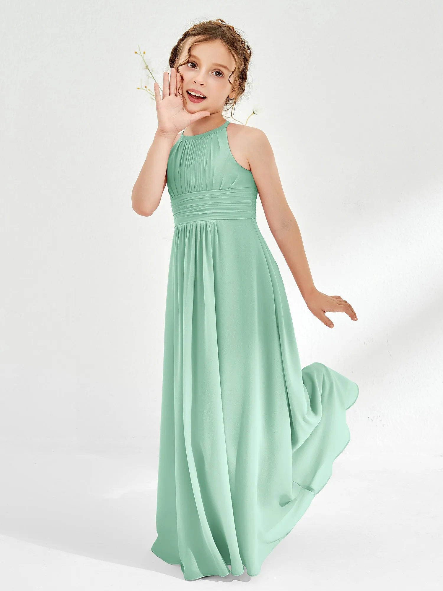 Halter Chiffon Junior Bridesmaid Dresses Mint Green