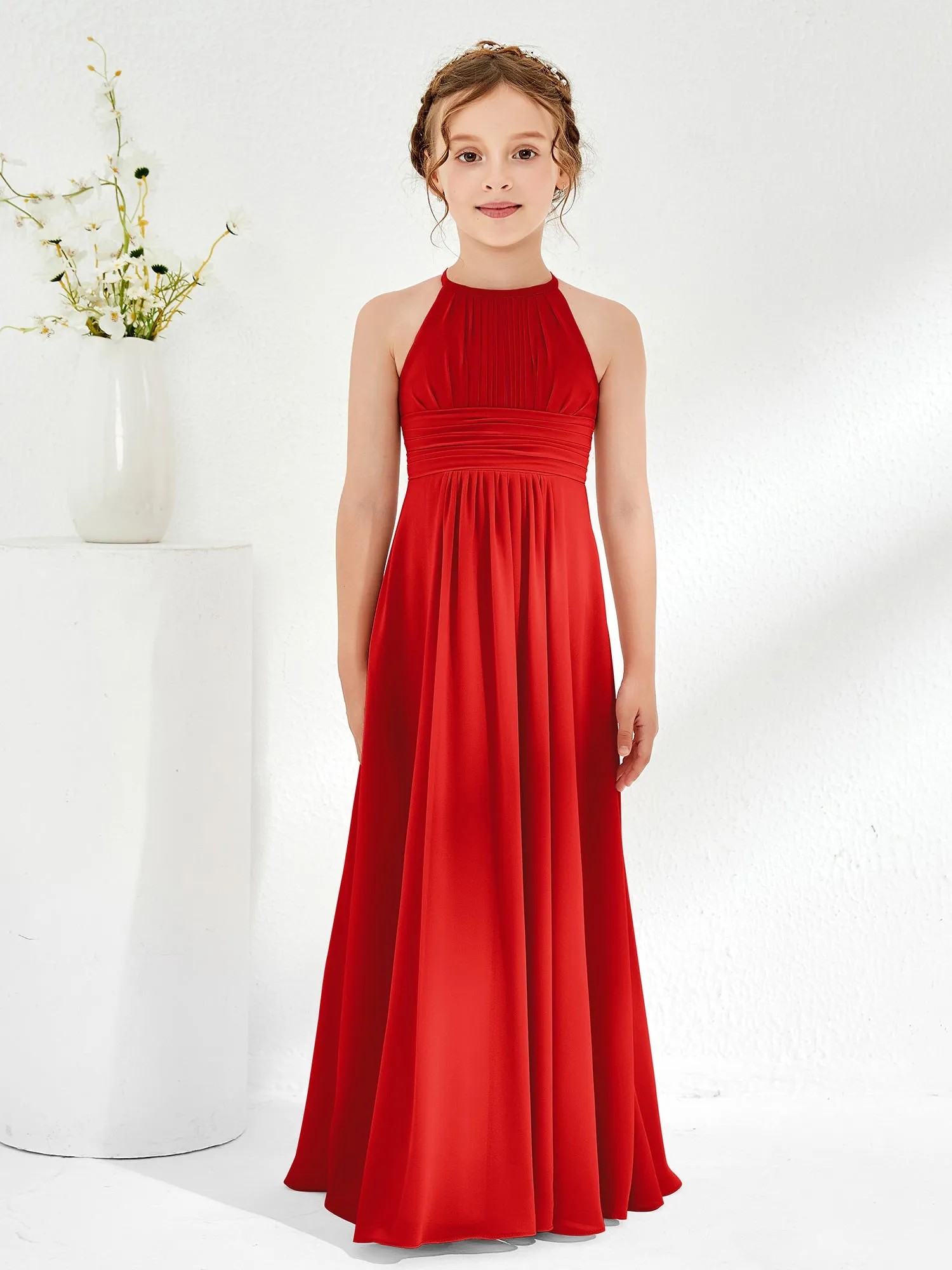 Halter Chiffon Junior Bridesmaid Dresses Red