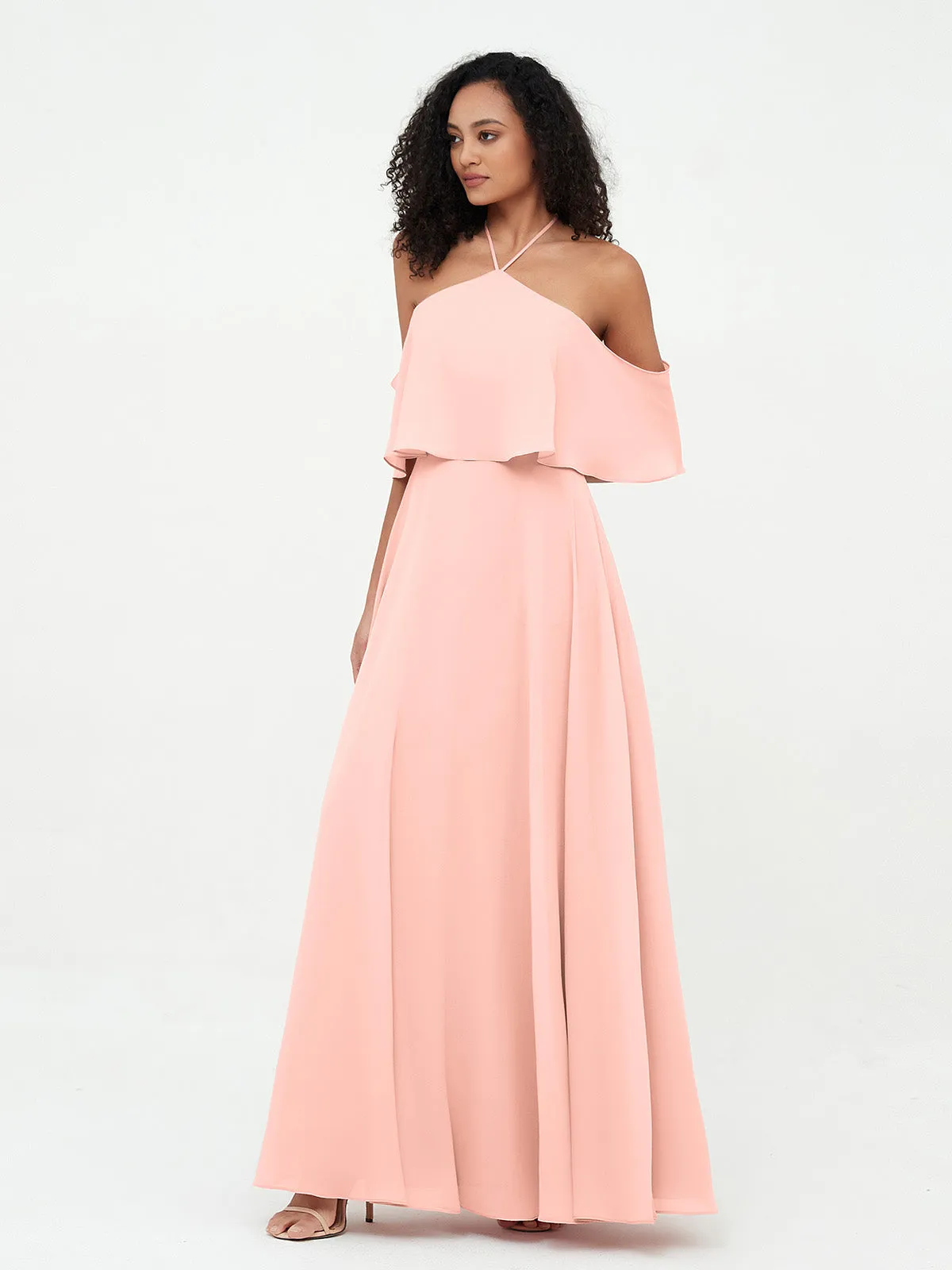 Halter Off the Shoulder Max Dresses with Pockets-Coral Plus Size