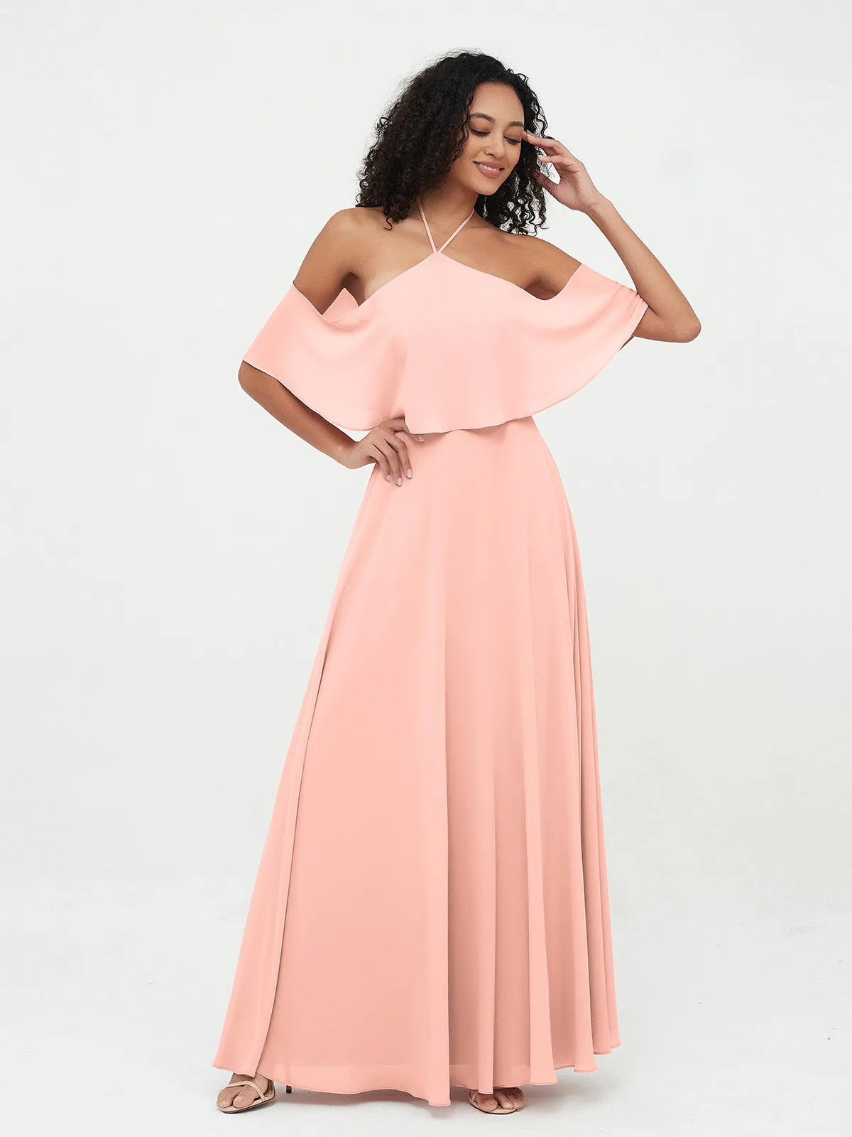 Halter Off the Shoulder Max Dresses with Pockets-Coral Plus Size