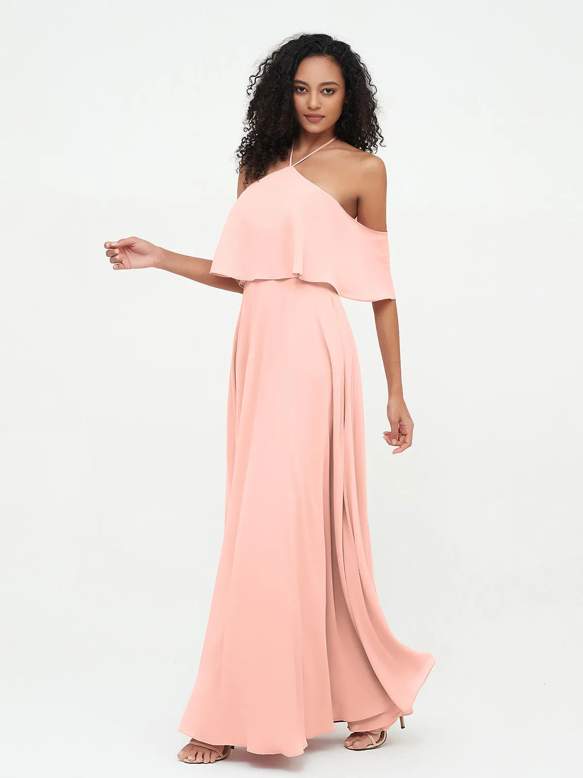 Halter Off the Shoulder Max Dresses with Pockets-Coral Plus Size