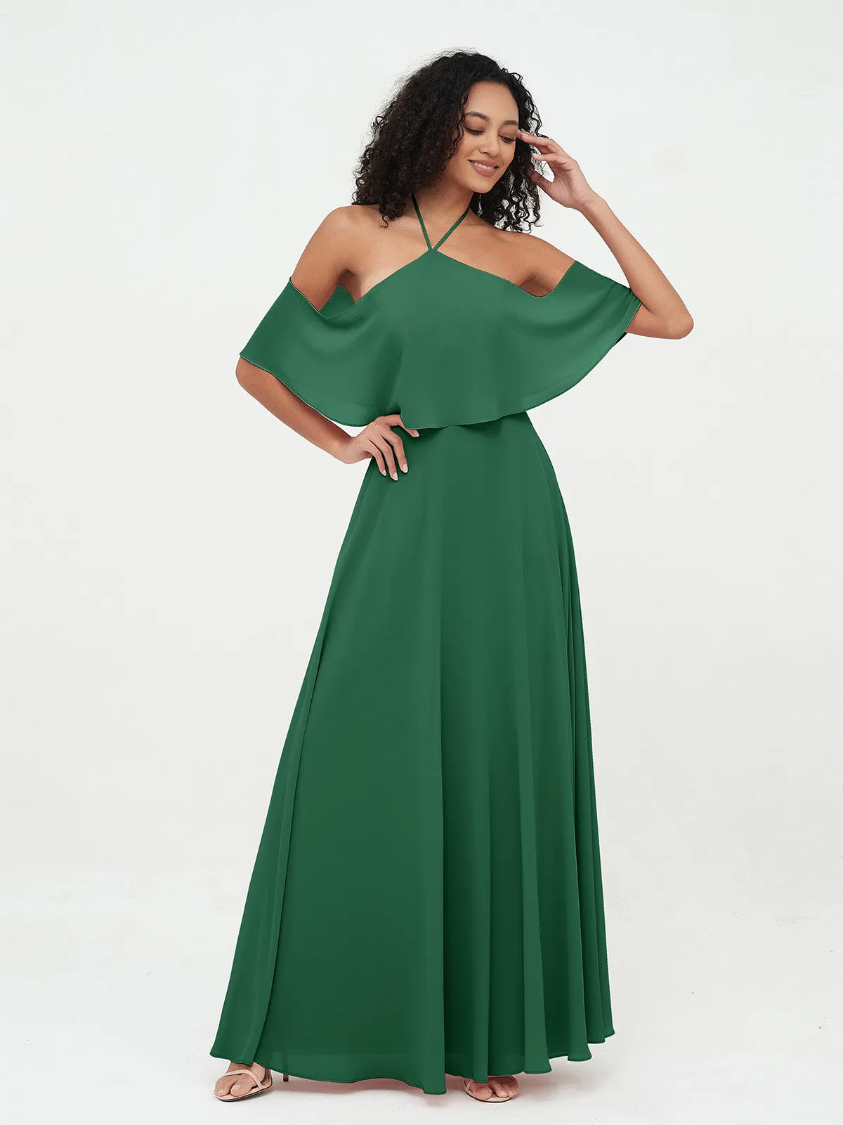 Halter Off the Shoulder Max Dresses with Pockets-Dark Green