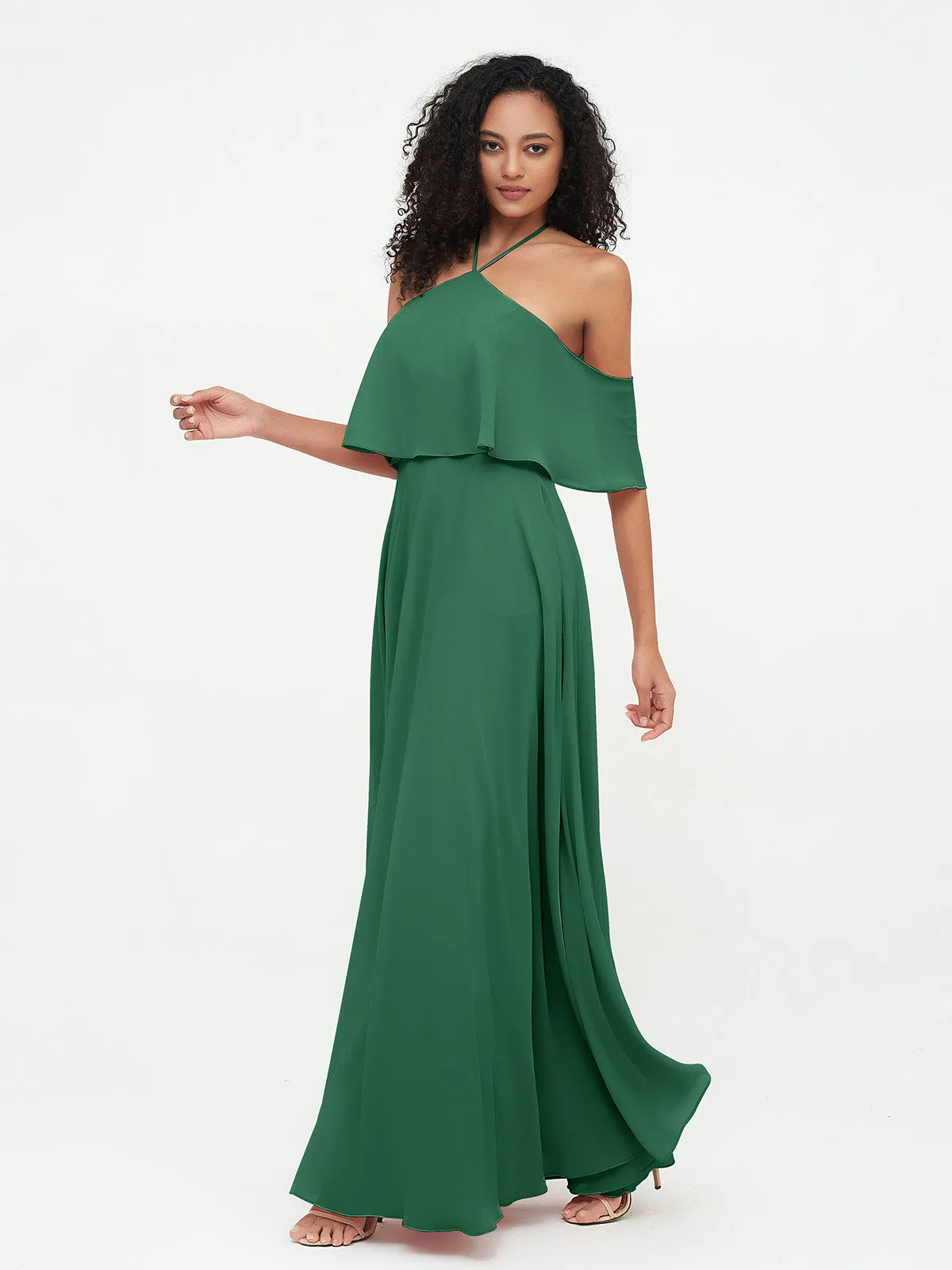 Halter Off the Shoulder Max Dresses with Pockets-Dark Green