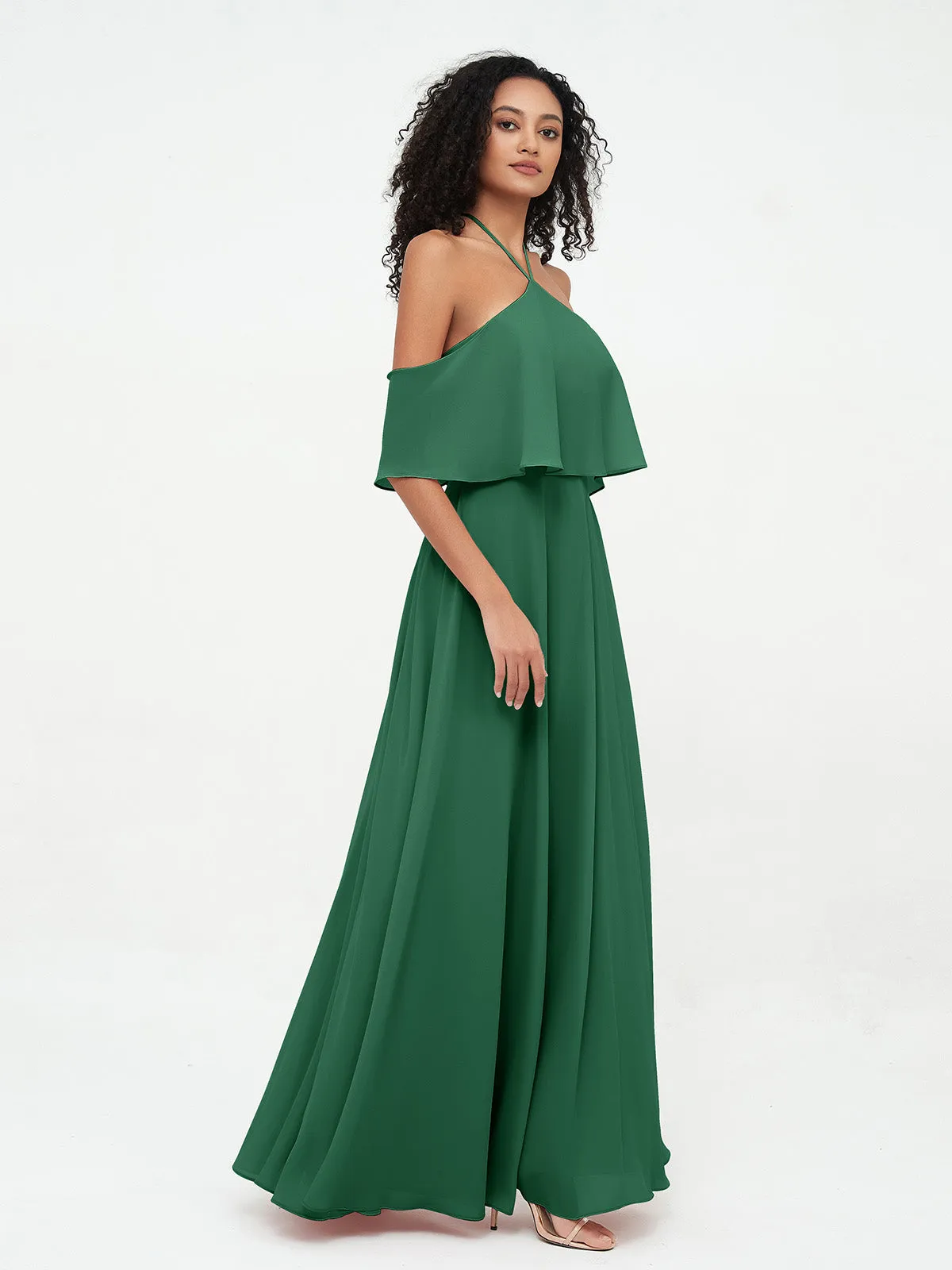 Halter Off the Shoulder Max Dresses with Pockets-Dark Green