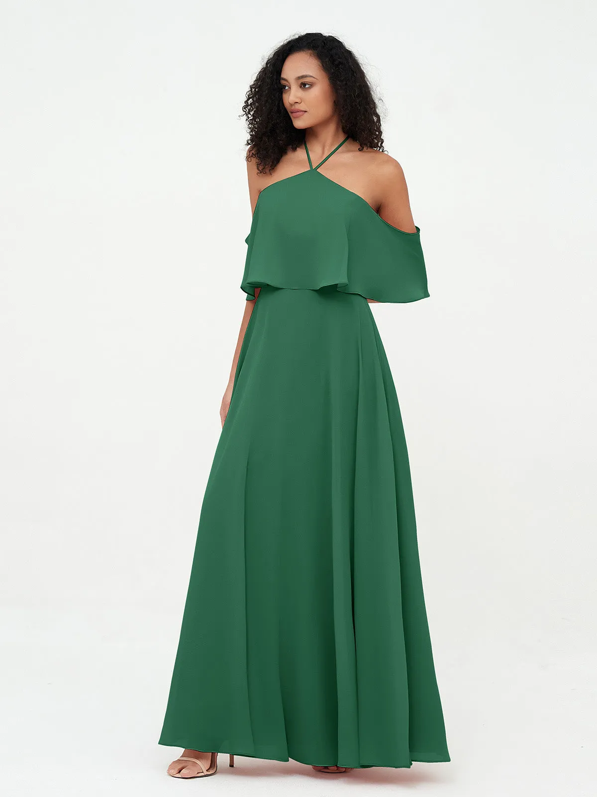 Halter Off the Shoulder Max Dresses with Pockets-Dark Green