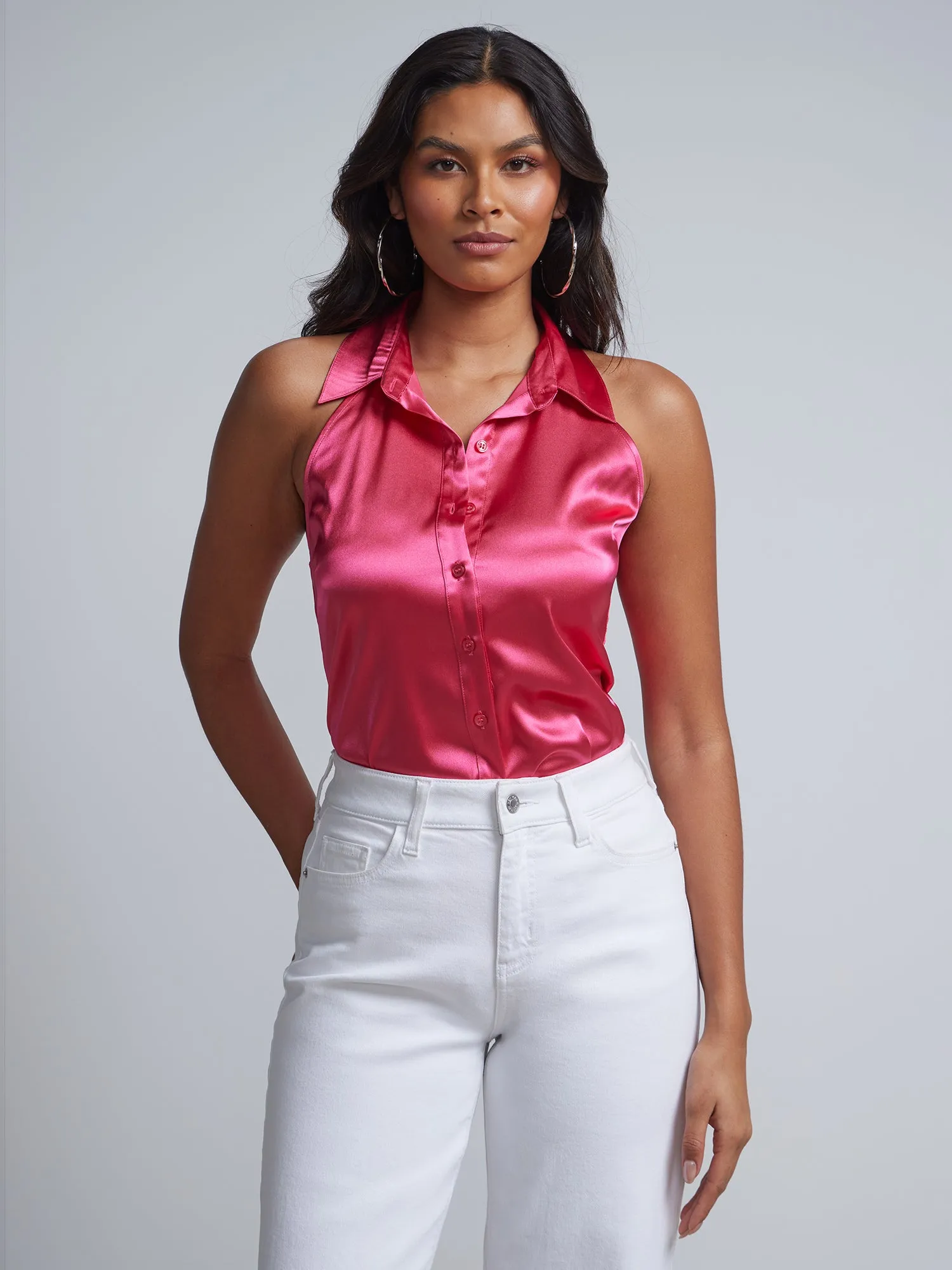 Halterneck Button-Front Satin-Effect Blouse