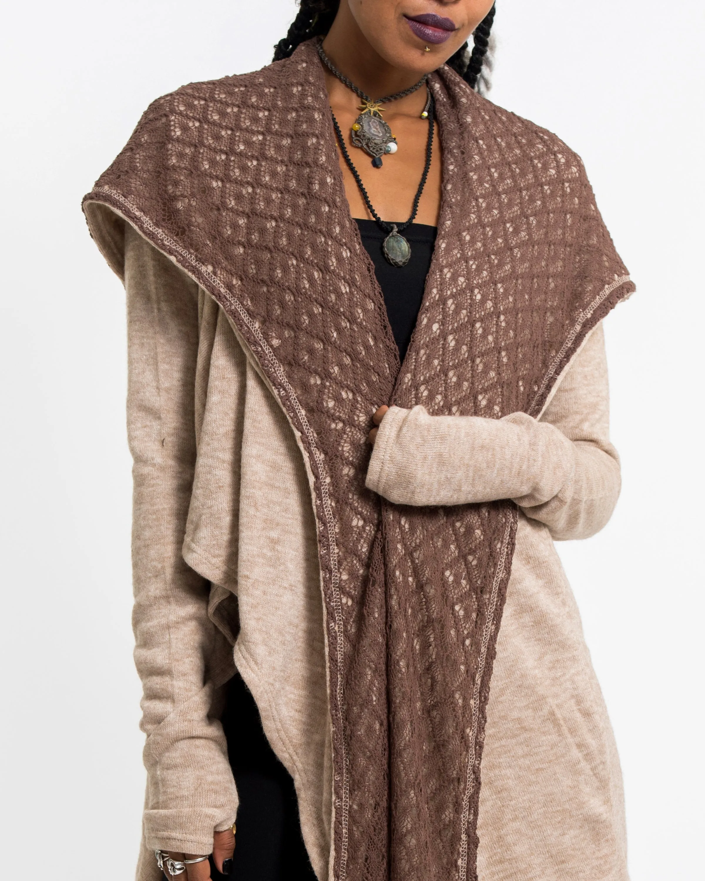 Hoodie Shawl Cardigan in Brown