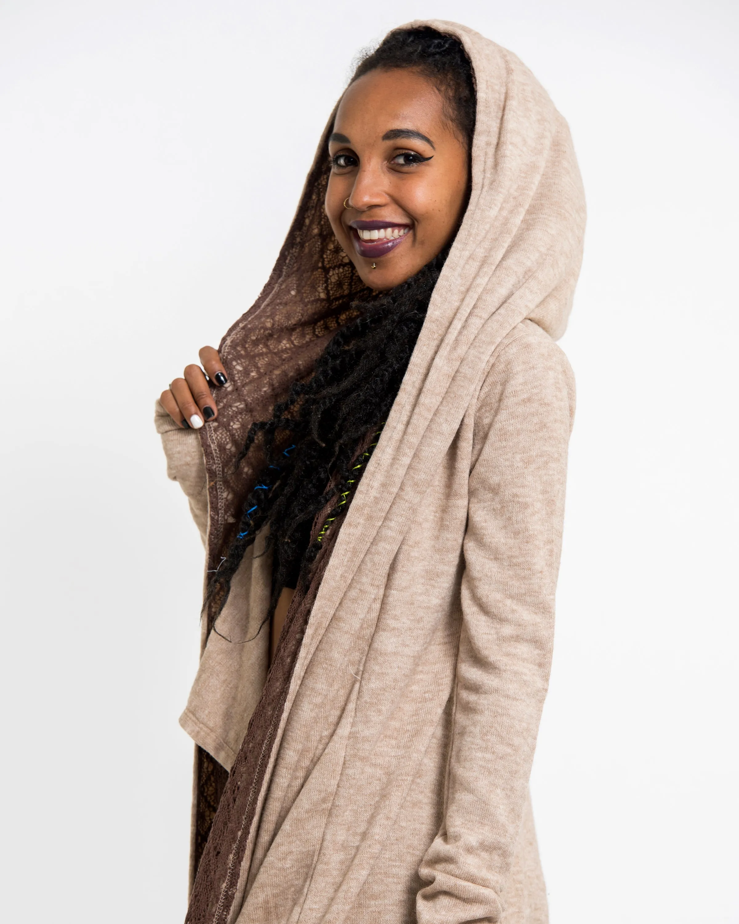 Hoodie Shawl Cardigan in Brown