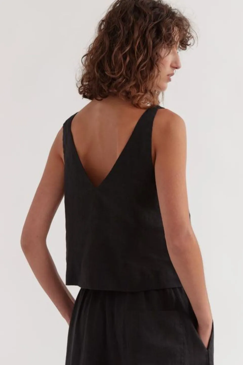 Jillian V Neck Black Strappy Linen Top