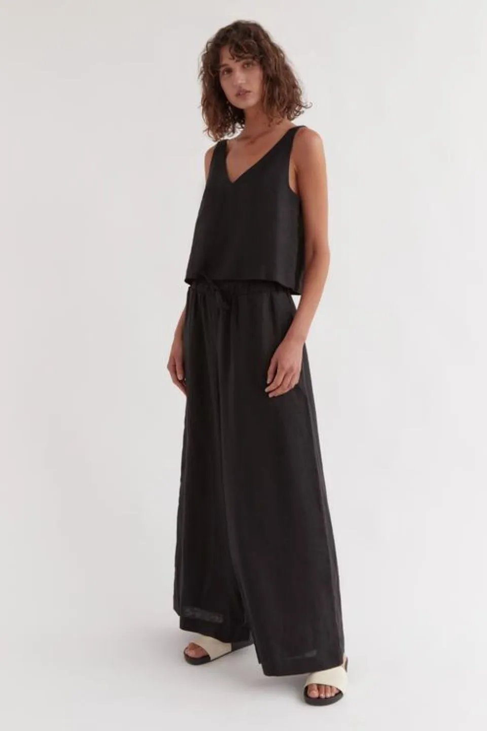 Jillian V Neck Black Strappy Linen Top