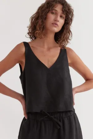 Jillian V Neck Black Strappy Linen Top