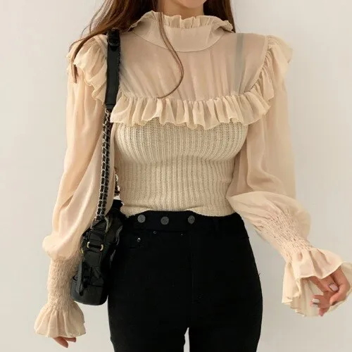 Joskaa Christmas Gift Kuzuwata Autumn Elegant Woman Blouses Half High Collar Ruffle Blusas Slim Lantern Sleeves Knitted Chiffon Stitching Shirt Women