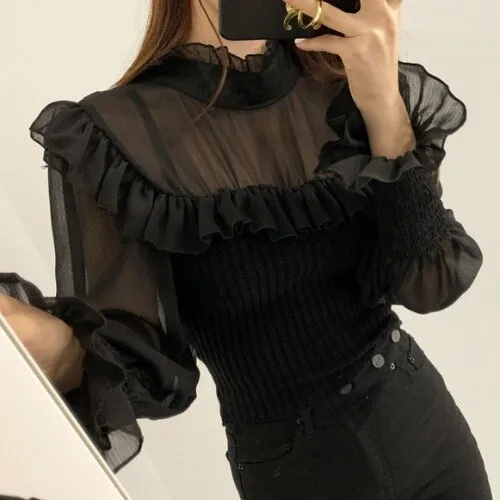 Joskaa Christmas Gift Kuzuwata Autumn Elegant Woman Blouses Half High Collar Ruffle Blusas Slim Lantern Sleeves Knitted Chiffon Stitching Shirt Women