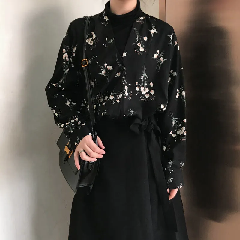 Joskaa Christmas Gift QWEEK Floral Print Shirt Women 2024 Korean Style Elegant Vintage Beautiful Blouse Long Sleeve Top Graphic Cardigan Black Clothes