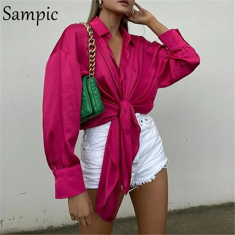 Joskaa Christmas Gift Sampic Elegant Satin Women Blouse Tops 2024 Long Puff Sleeve Sexy Lace Up Ladies Fashion Loose Blouse Shirt Tops Autumn Summer