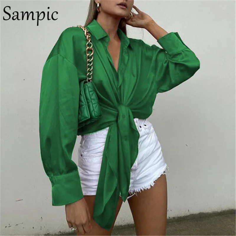 Joskaa Christmas Gift Sampic Elegant Satin Women Blouse Tops 2024 Long Puff Sleeve Sexy Lace Up Ladies Fashion Loose Blouse Shirt Tops Autumn Summer