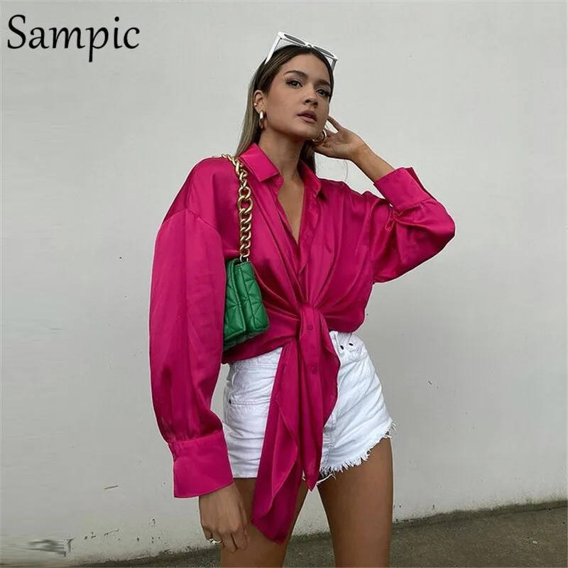 Joskaa Christmas Gift Sampic Elegant Satin Women Blouse Tops 2024 Long Puff Sleeve Sexy Lace Up Ladies Fashion Loose Blouse Shirt Tops Autumn Summer