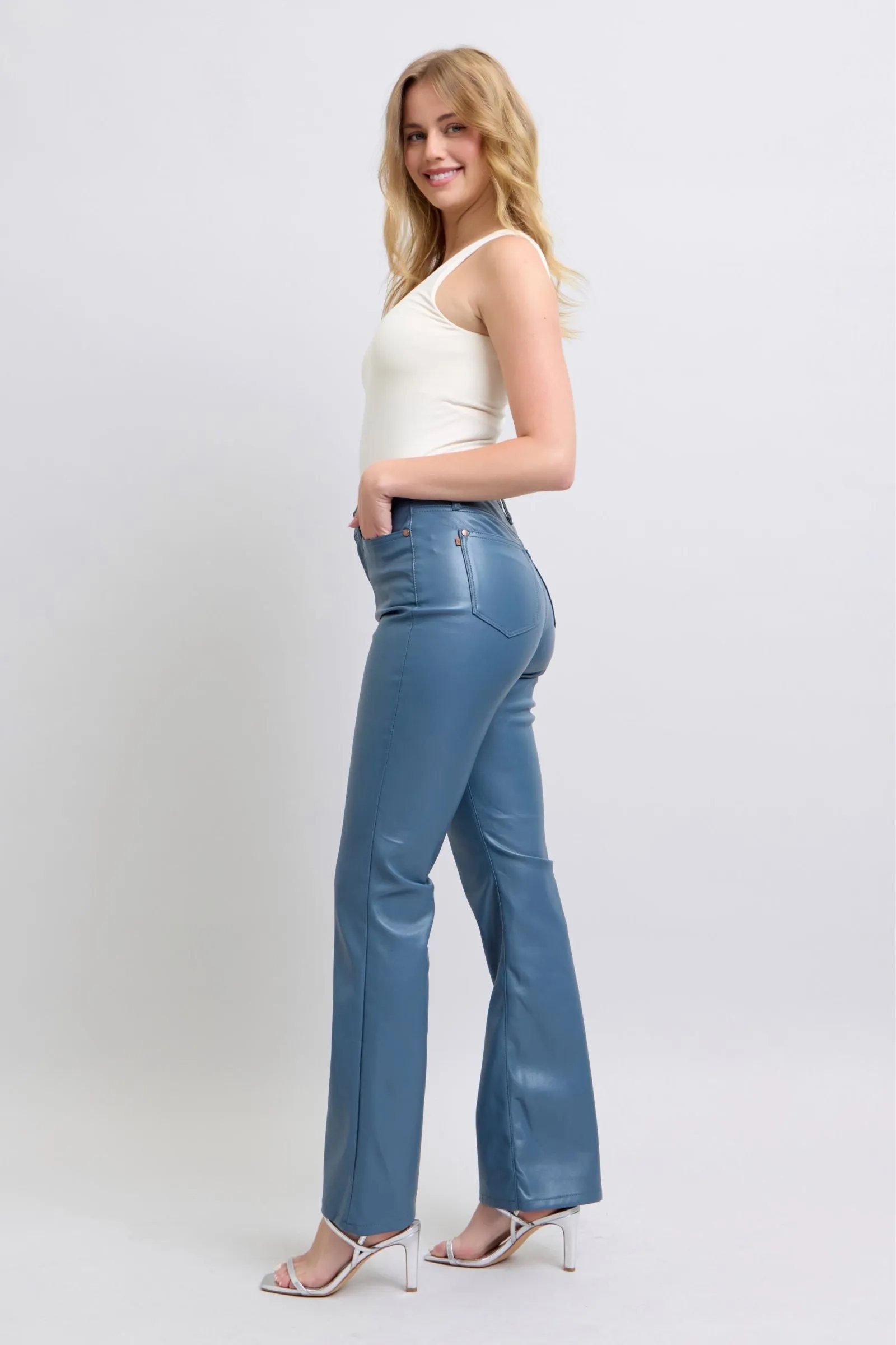 Judy Blue High Waist Tummy Control Blue Vegan Leather Bootcut Jeans