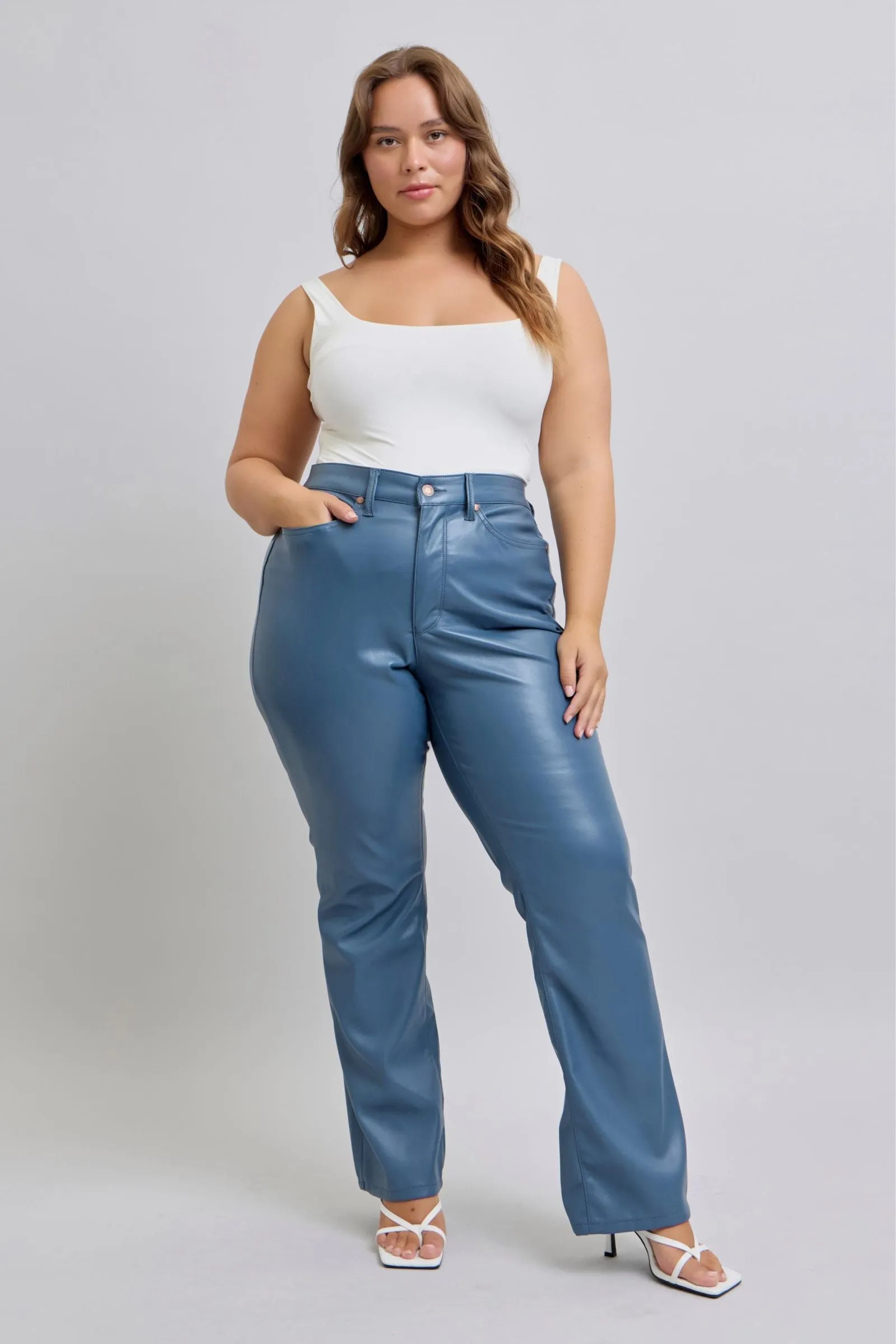 Judy Blue High Waist Tummy Control Blue Vegan Leather Bootcut Jeans