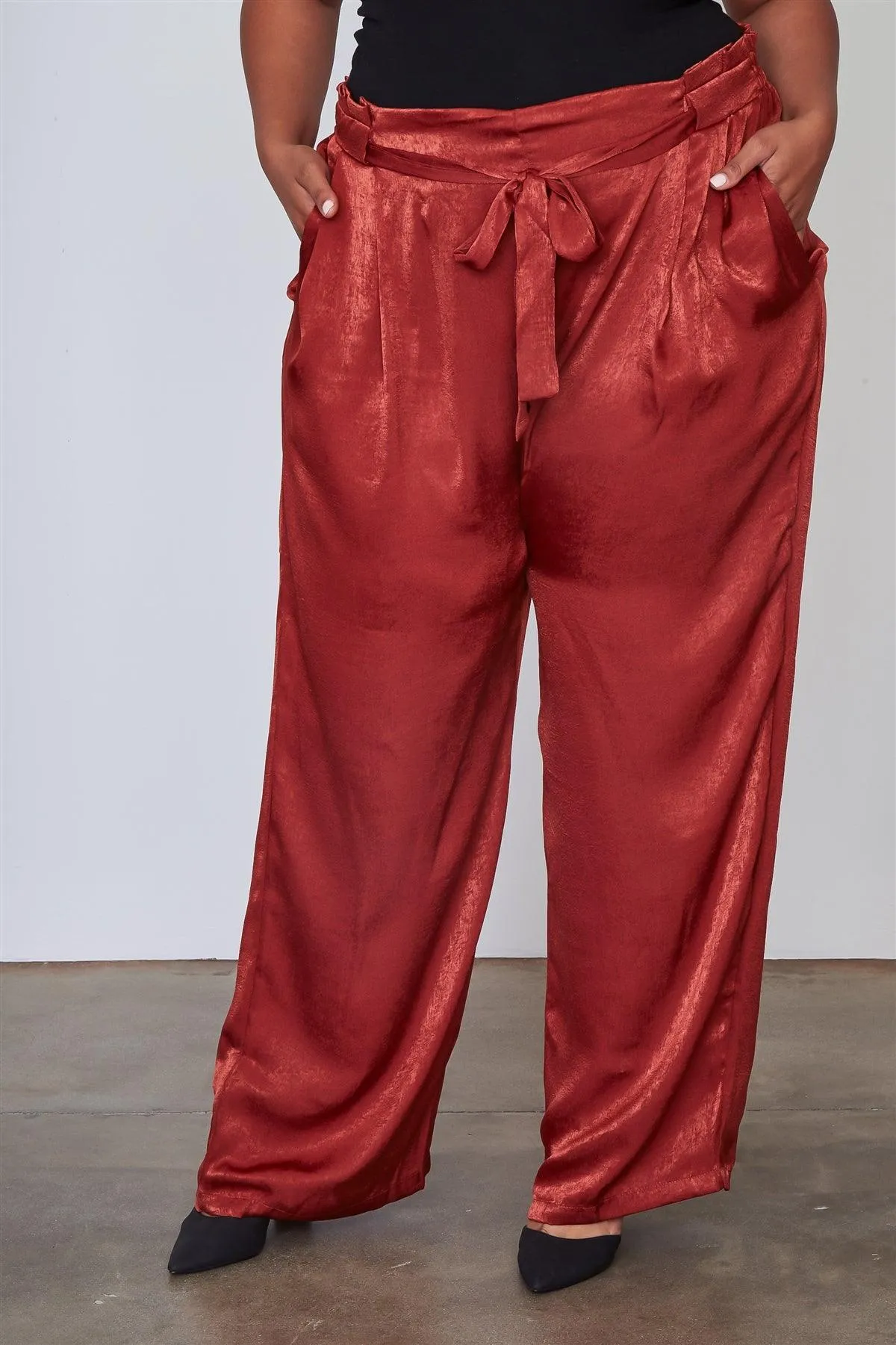 Junior Plus Size Rust Frill Waist Belted Pants