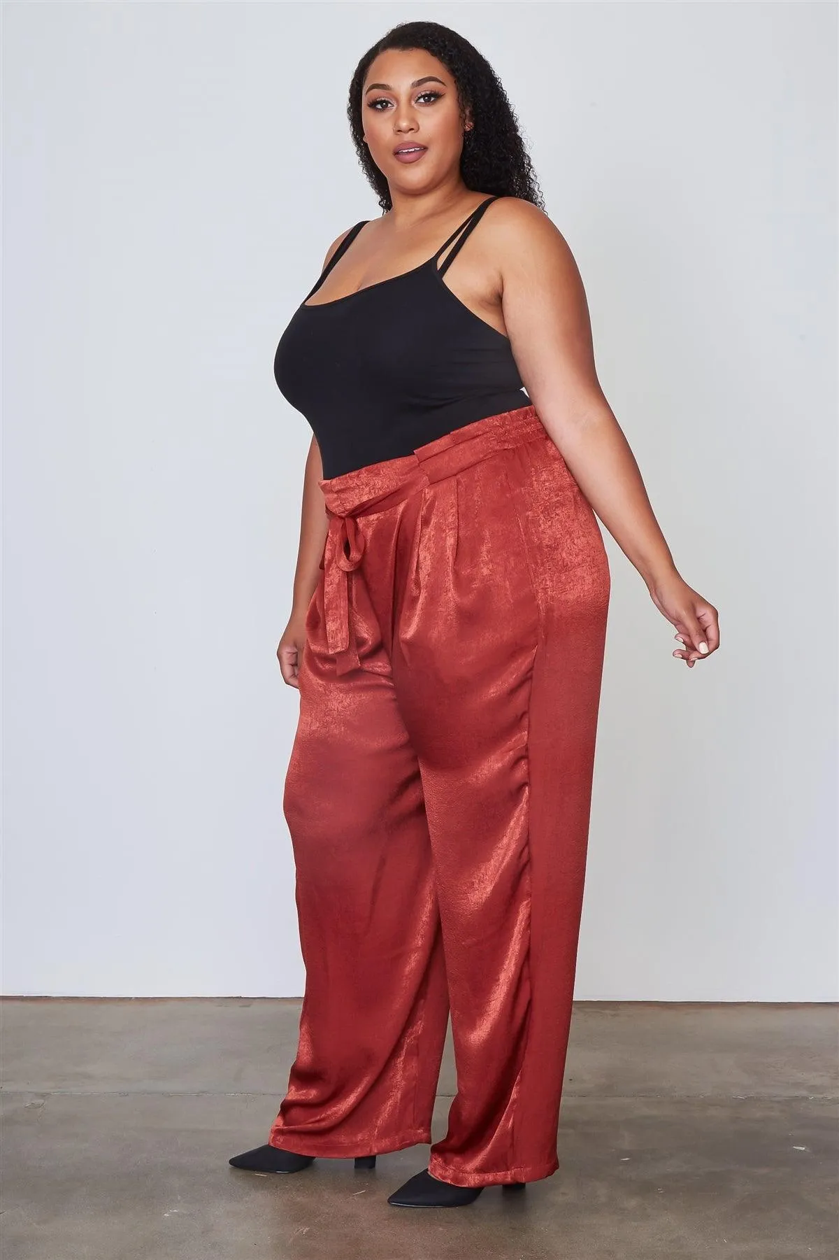 Junior Plus Size Rust Frill Waist Belted Pants