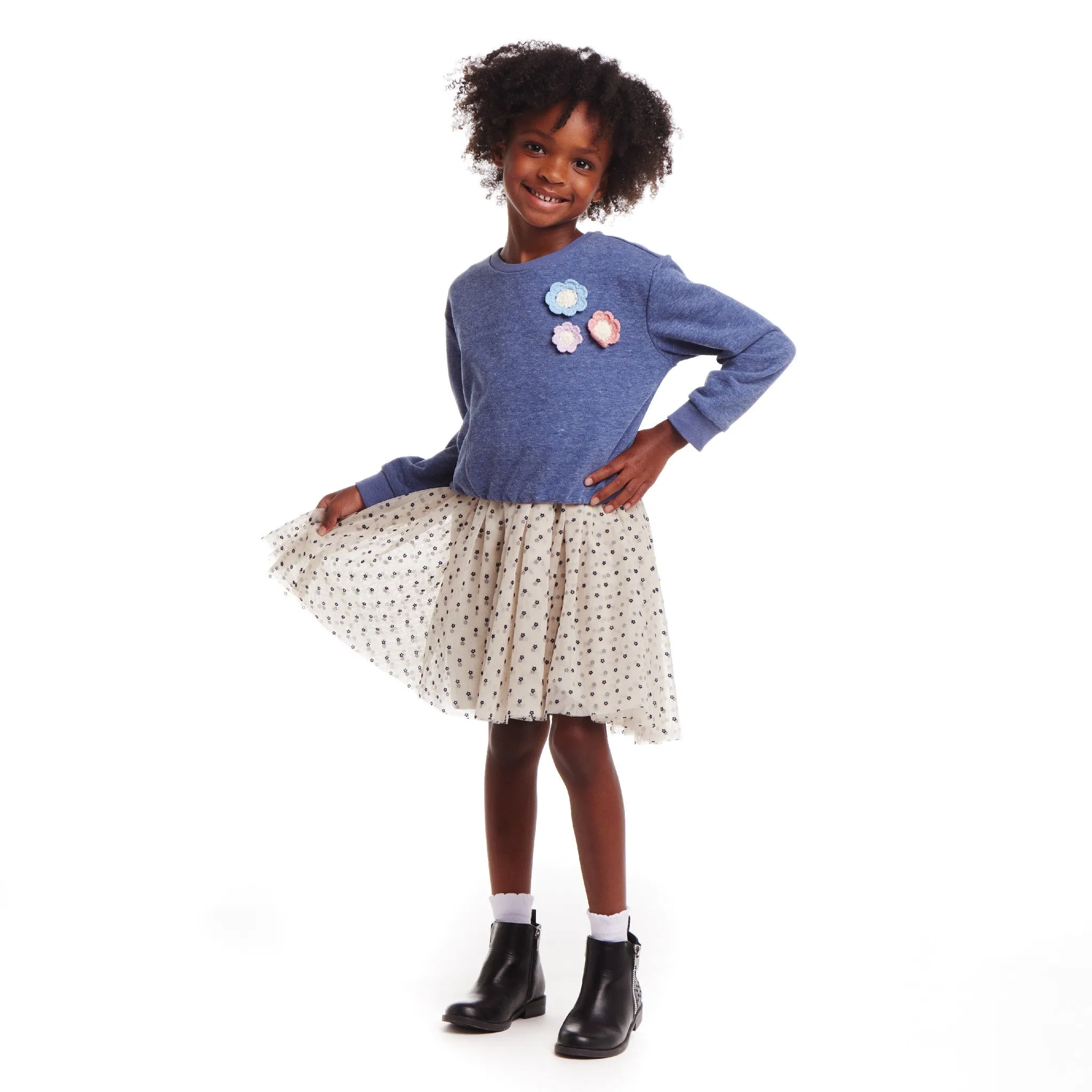 Kids Terry Crewneck & Dress Set | Navy Heather Flowers