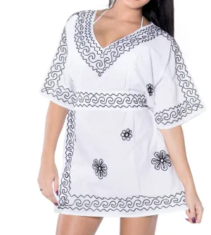 LA LEELA Women Swing Beach Cover Up V Kimono Sleeve Tunic Summer Dress US 10-14 White_T327