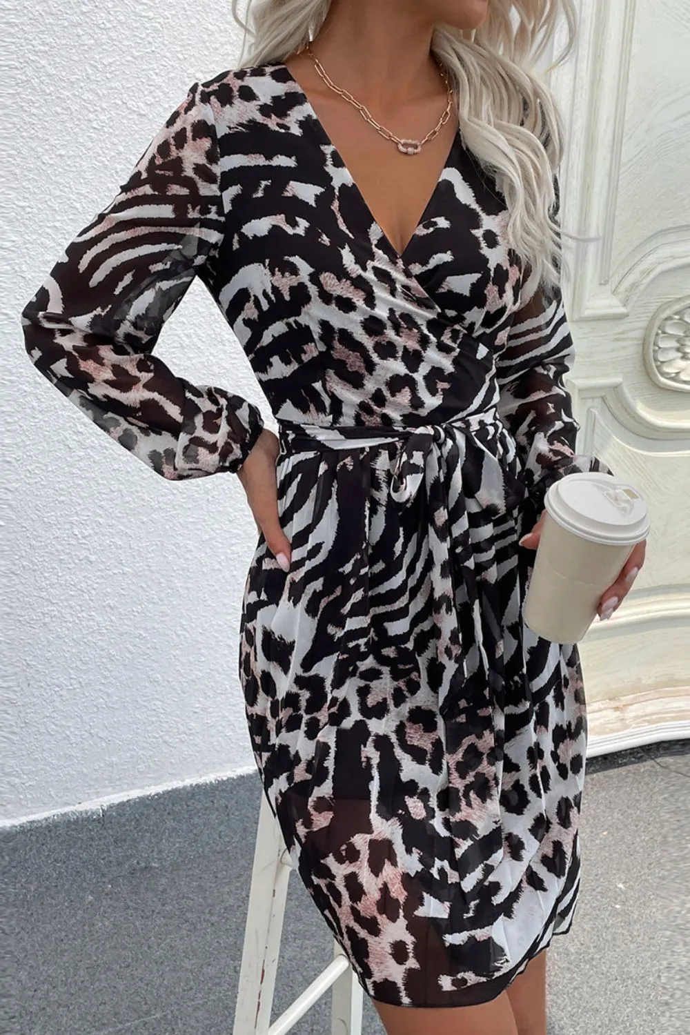 Leopard Surplice Balloon Sleeve Dress