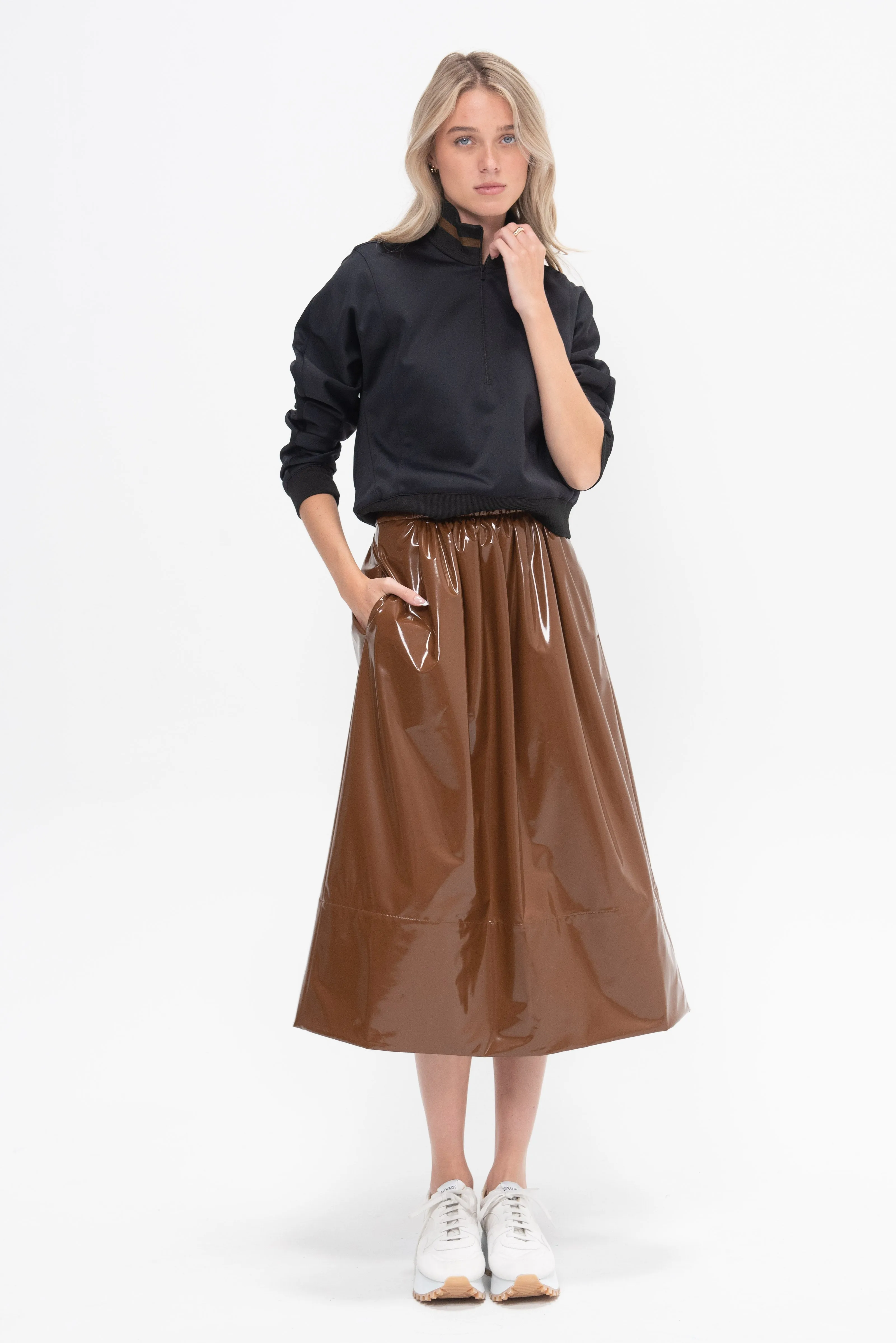 Light Weight Patent Smocking Waistband Full Skirt, Brick