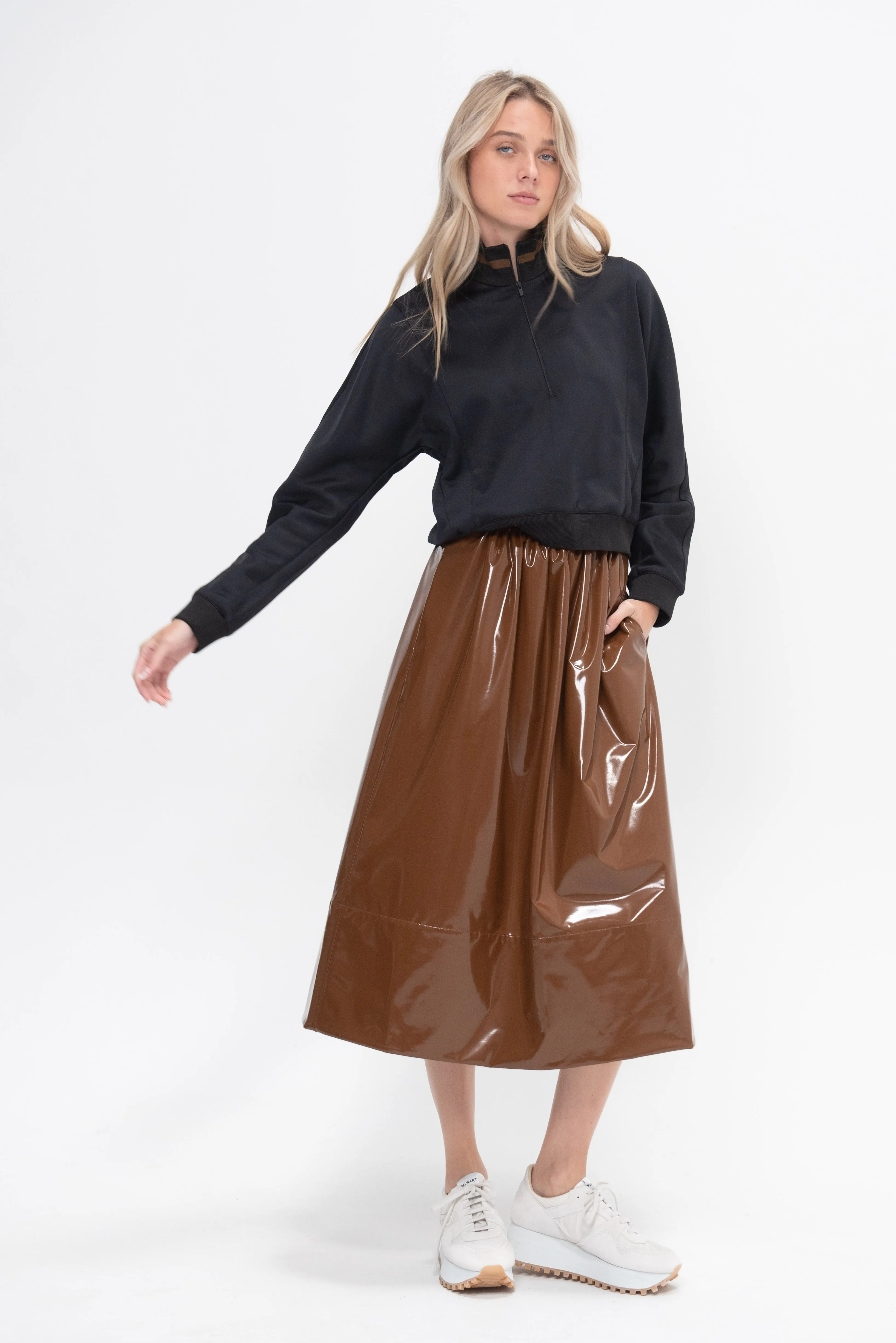 Light Weight Patent Smocking Waistband Full Skirt, Brick