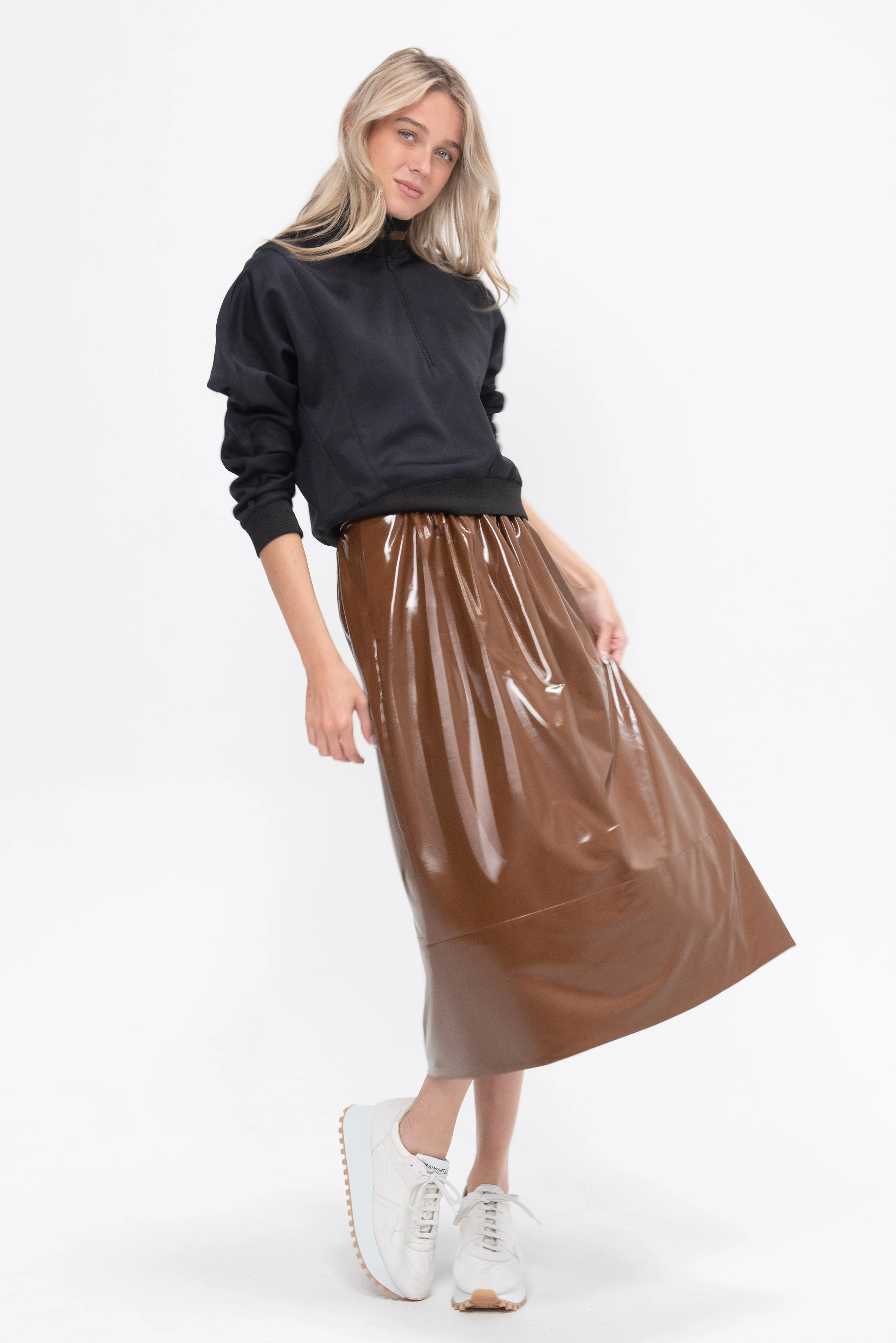 Light Weight Patent Smocking Waistband Full Skirt, Brick