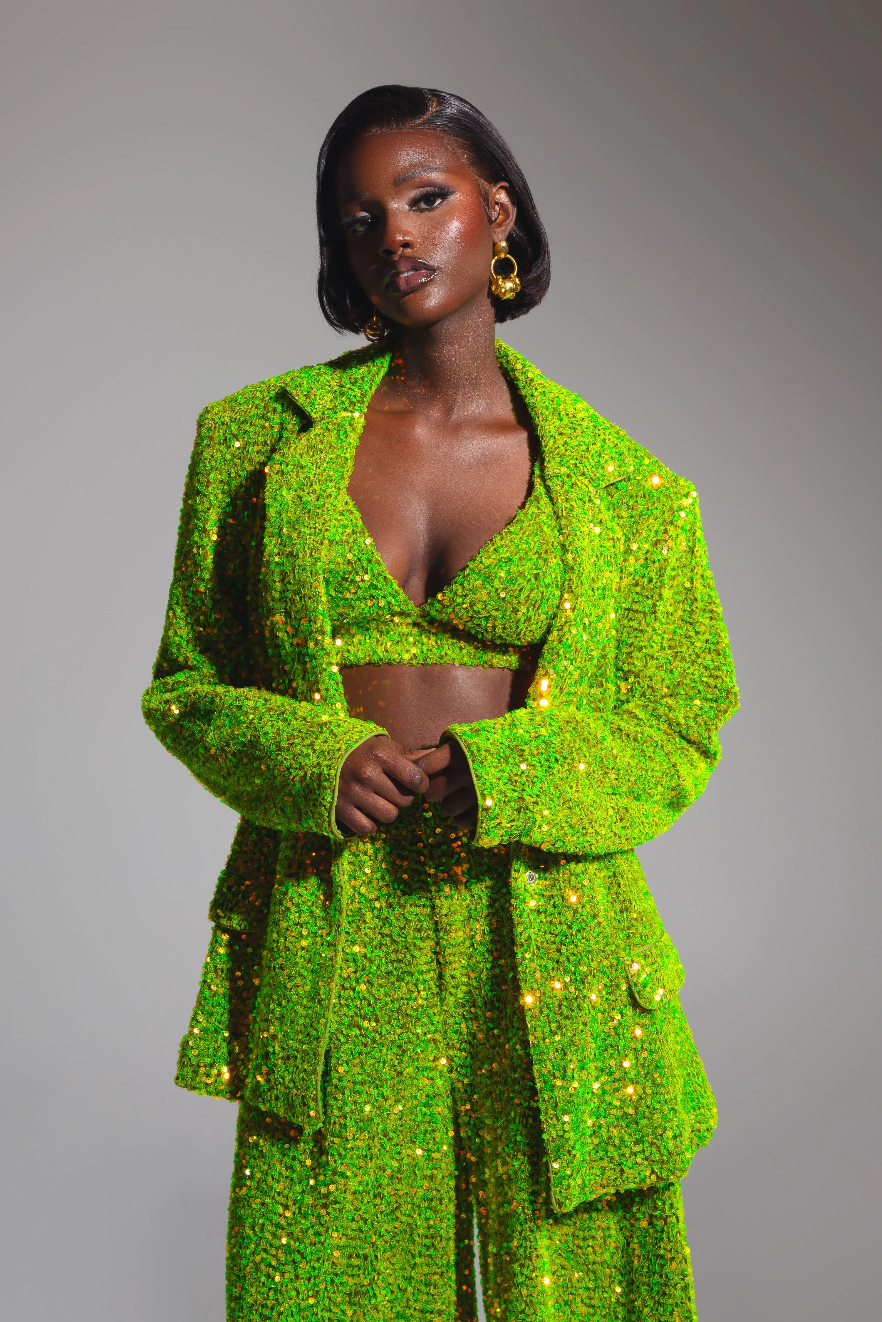 LIZA Sequin Blazer in OLIVINE