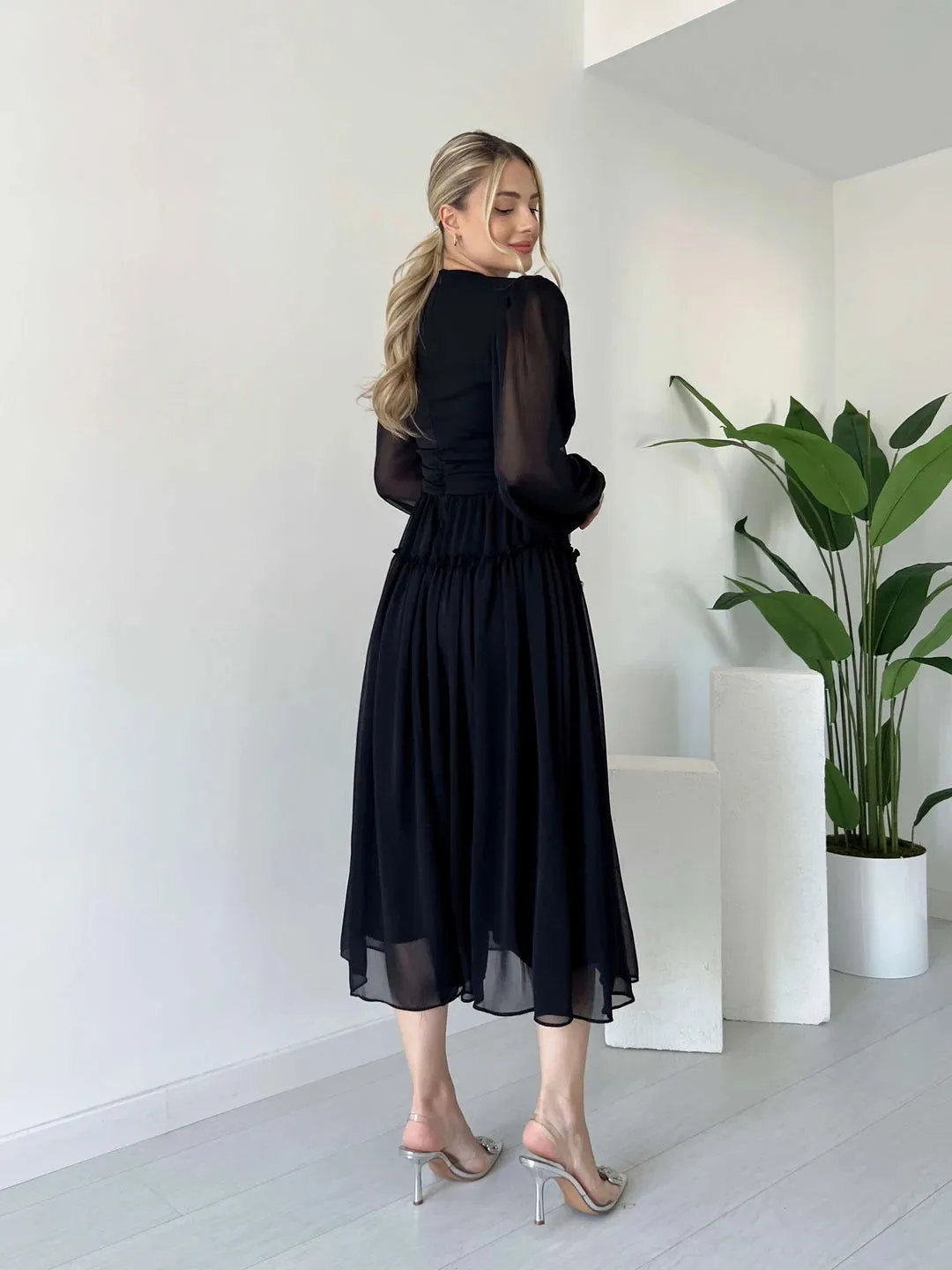 Long Sleeve Lined Chiffon Dress - Black