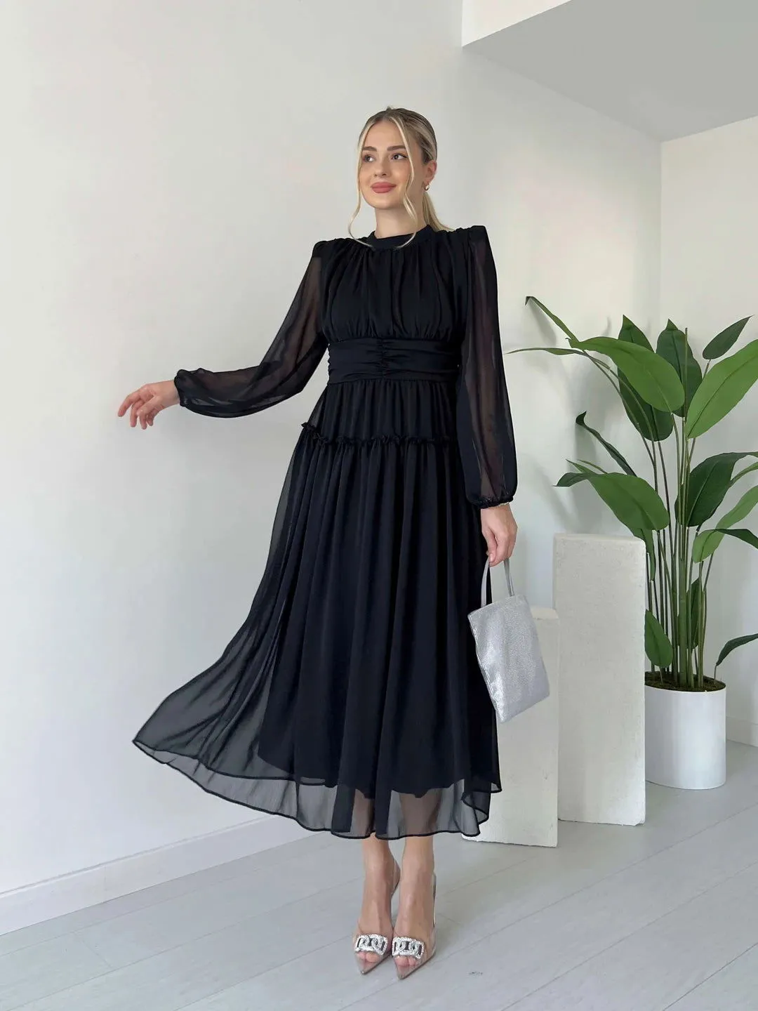 Long Sleeve Lined Chiffon Dress - Black