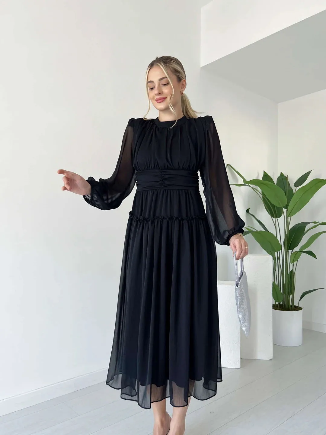 Long Sleeve Lined Chiffon Dress - Black