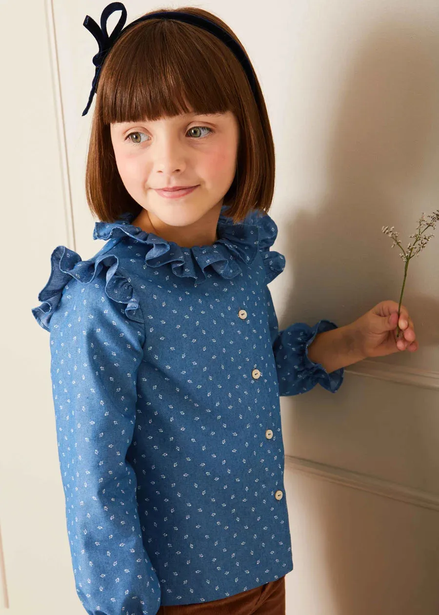 Mabel Floral Long Sleeve Blouses in Denim Blue (4-10yrs)