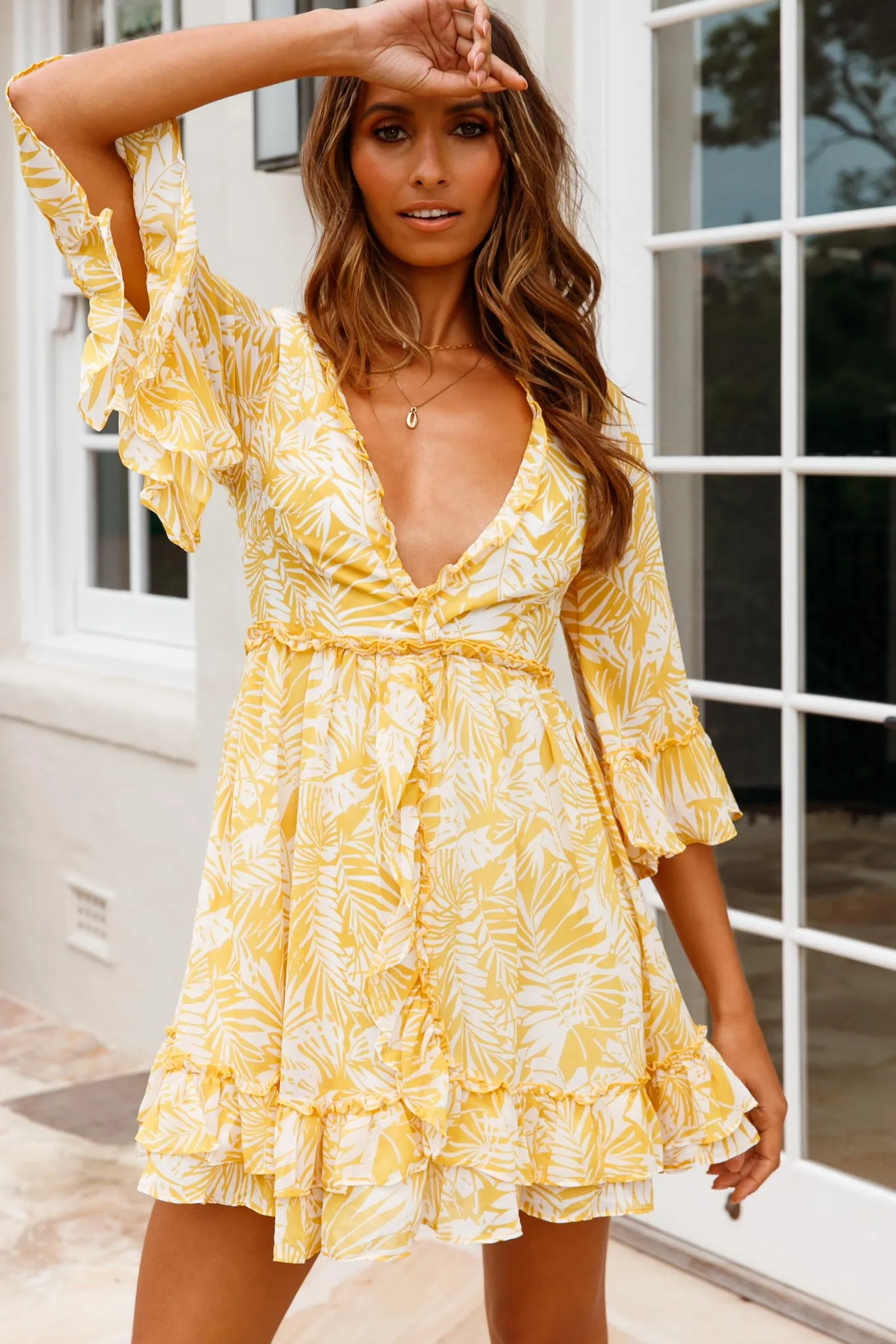 Making Me Blush Bell Sleeve Frill Trim Dress Tropical Print Yellow